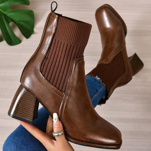 Damen Elegante Blockabsatz Stiefeletten mit Strickschaft Echo Archiv