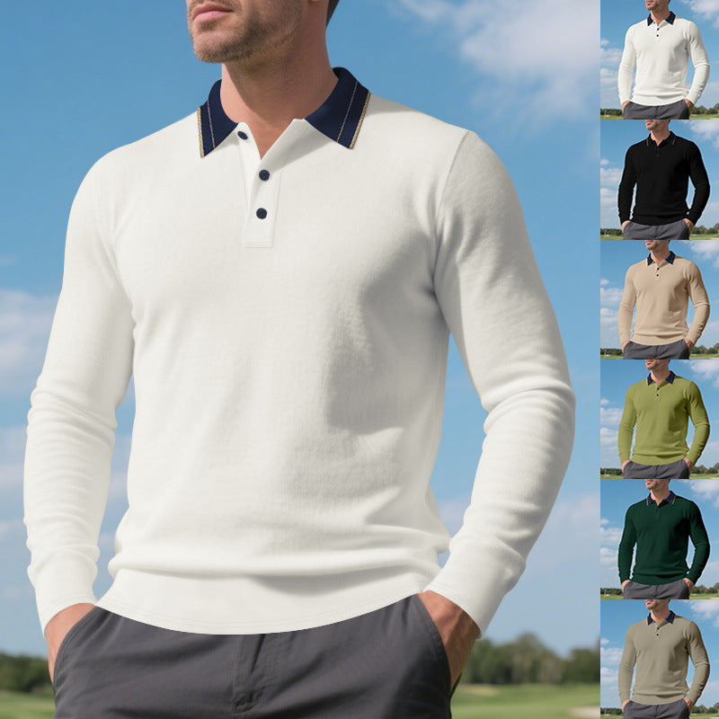 Herren elegantes Langarm-Polohemd mit kontrastierendem Kragen und modischen Knopfdetails Echoarchiv