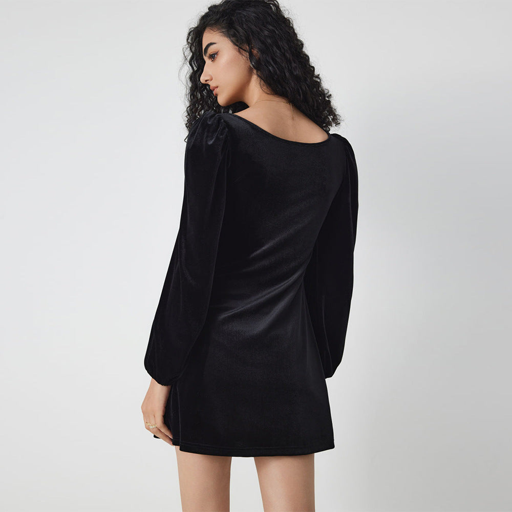 Damen Samt-Minikleid mit quadratischem Ausschnitt gerafftem Bustier und Ballonärmeln – Élara
