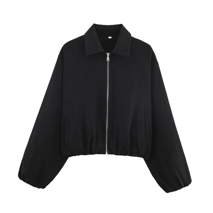 Damen nan Cropped Bomberjacke mit durchgehendem Reißverschluss, weitem Ballonärmeln und elastischem Saum Echo Archiv