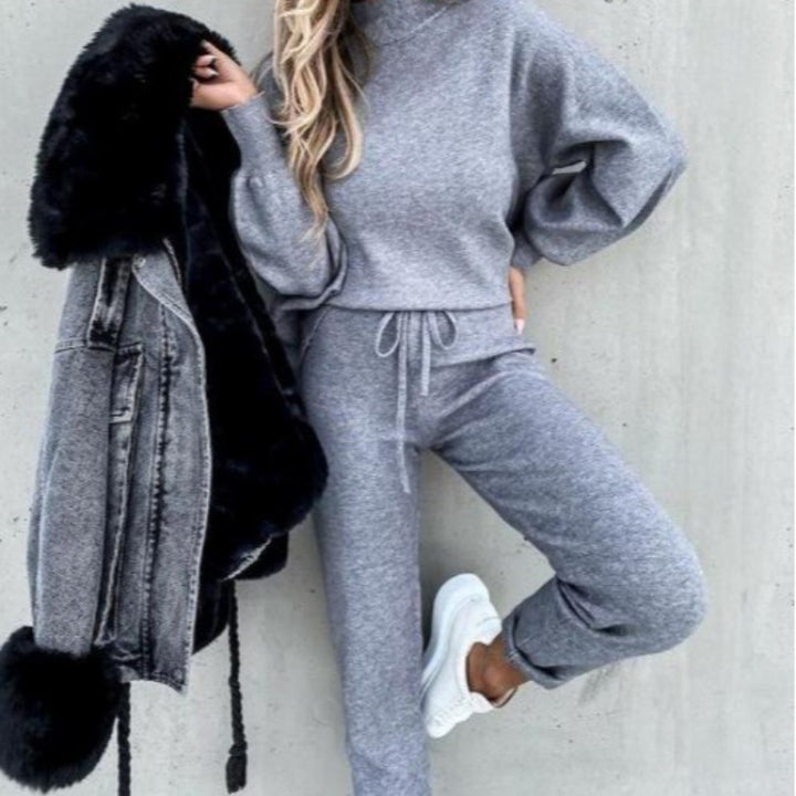 Damen Strick-Loungewear-Set mit Ballonärmeln und taillierter Jogginghose – Mavelle