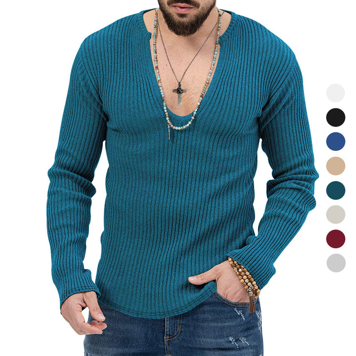 Herren lässiger Ripp-Pullover mit tiefem V-Ausschnitt und feiner Struktur Echoarchiv