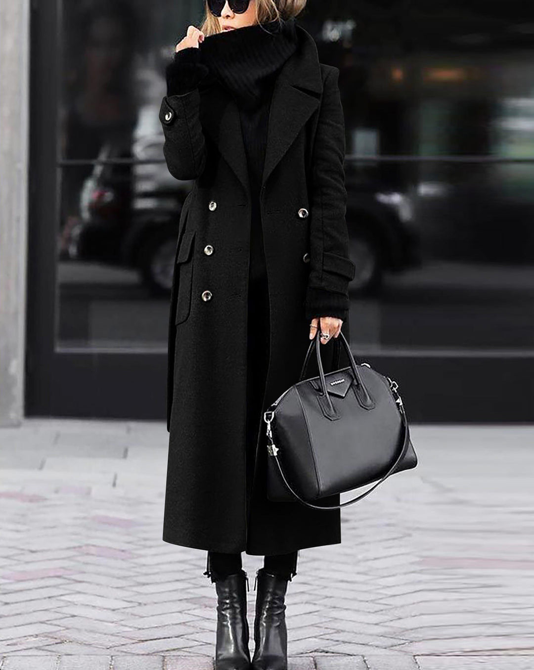 Damen nan eleganter Maxi-Wollmixmantel mit doppelreihiger Knopfleiste, weitem Reverskragen und aufgesetzten Taschenklappen Echo Archiv