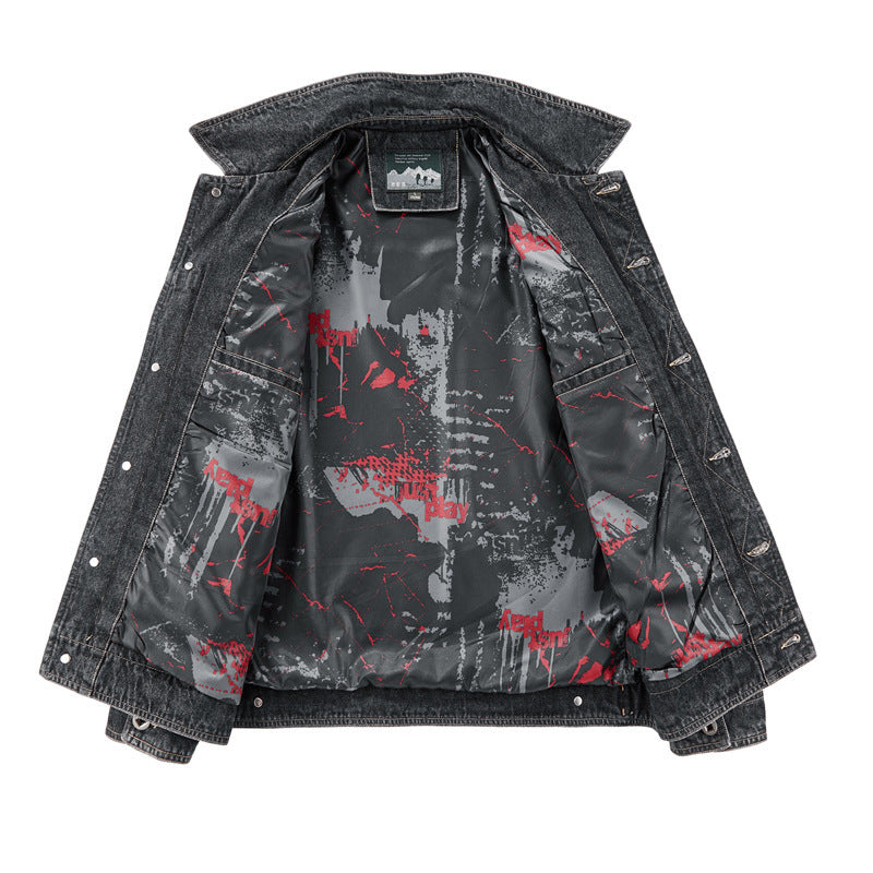 Herren Jeansjacke im Vintage‑Washed Denim mit bedrucktem Innenfutter und Brustklappentaschen – Denvaro