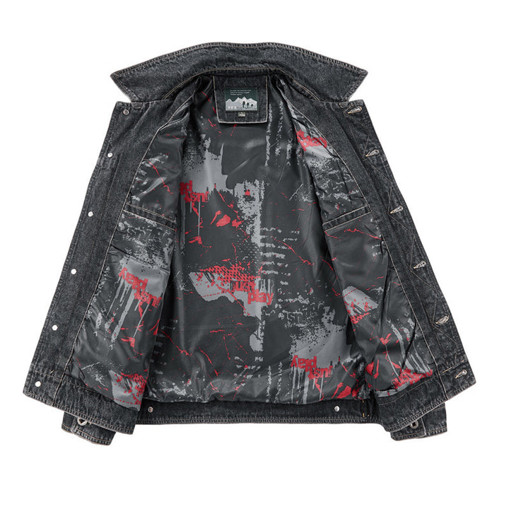 Herren Jeansjacke im Vintage‑Washed Denim mit bedrucktem Innenfutter und Brustklappentaschen – Denvaro