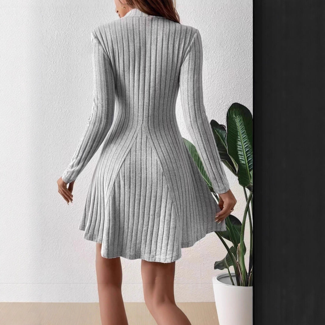 Damen Geripptes Strickkleid mit Stehkragen, taillierter A‑Linie und langen Ärmeln – Élara
