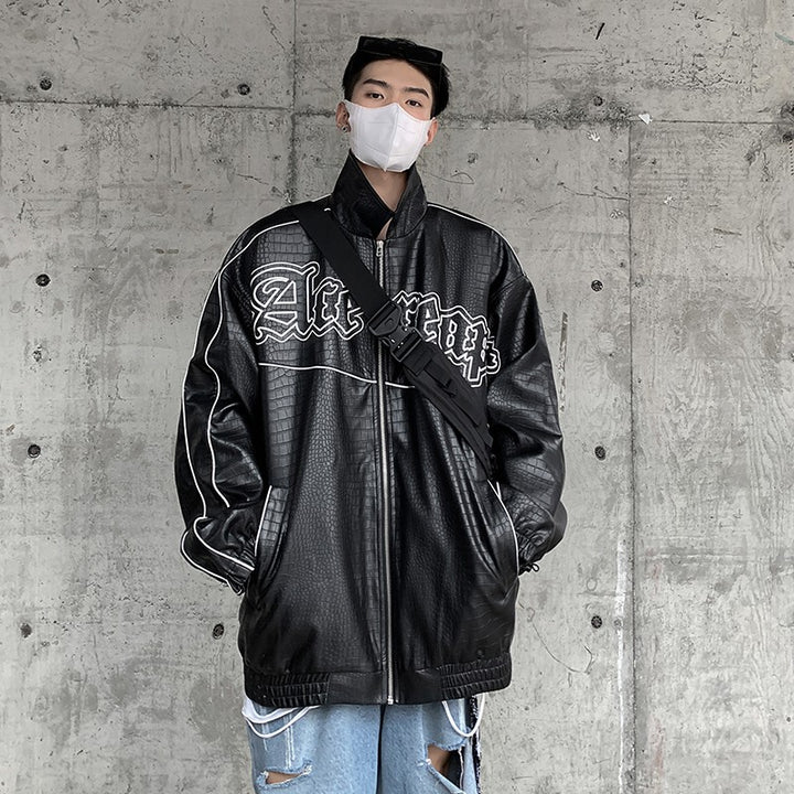 Herren Oversized Kunstlederjacke mit Krokodilprägung und Kontrastpaspel Echoarchiv