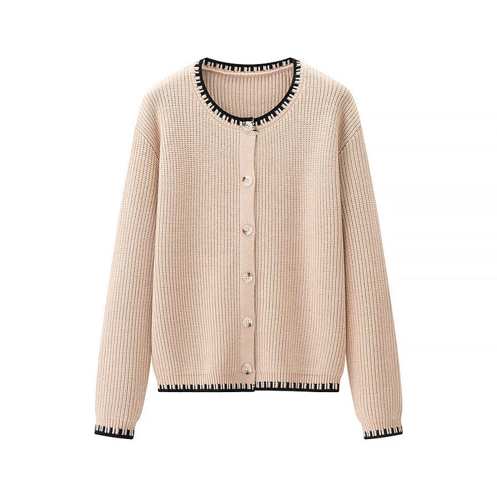 Damen gerippte Strickjacke mit Rundhals, kontrastierender Paspel und durchgehender Knopfleiste – Veloura
