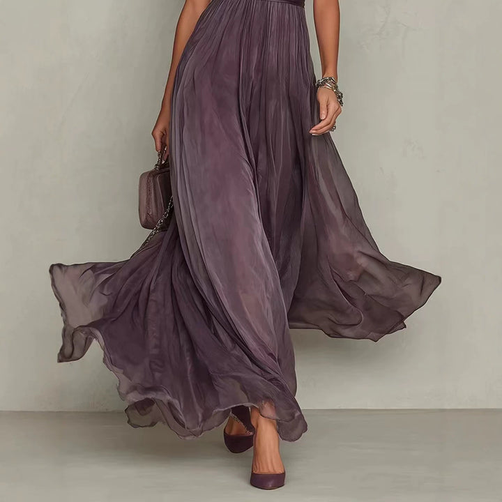 Damen nan langes Chiffon-Abendkleid mit Spitzen‑Stehkragen, Schlüsselöffnung und taillierter Schärpe Echo Archiv