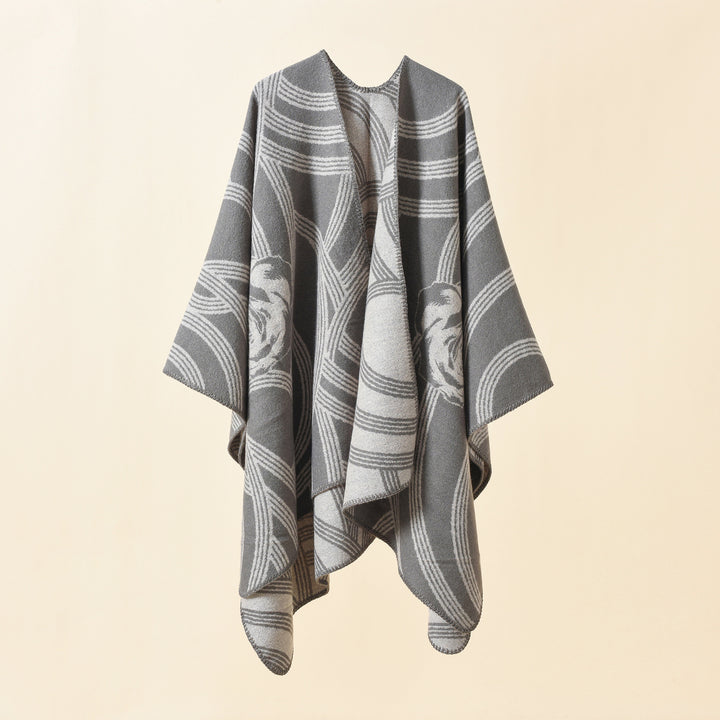 Damen Reversfreier Jacquard-Umhang im kastigen Oversize mit abstraktem Medaillonmuster Echo Archiv