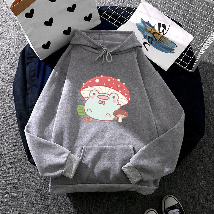 Damen weicher Oversize-Kapuzenpullover mit kawaii Pilzfrosch-Print, Kängurutasche und gerippten Bündchen – Auréline