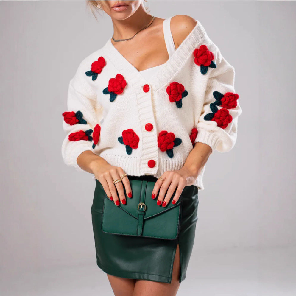 Damen Geblümter Strick-Cardigan mit 3D-Blumenapplikationen und V-Ausschnitt – Veloura