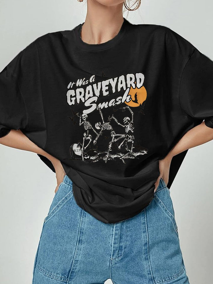 Damen T-Shirt mit künstlerischem Skelettmotiv und einzigartigem Druck Echo Archiv