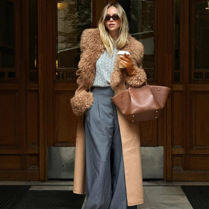 Damen Maxilanger Wollmixmantel mit abnehmbarem lockigem Faux‑Fur‑Schalkragen und Fellmanschetten Echoarchiv