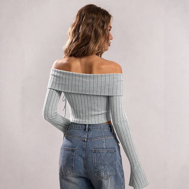 Damen schulterfreies geripptes Strick-Top mit asymmetrischem Zipfelsaum und Schnürdetail – Avérine
