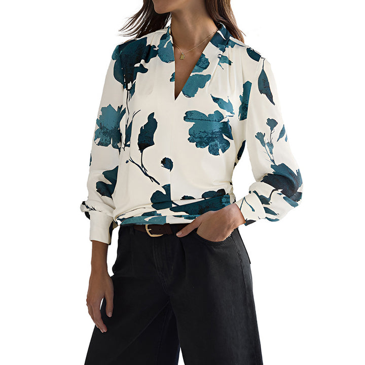 Damen Watercolor-Bluse mit V-Ausschnitt, Plissée-Schulter und legerer Wickeloptik Echoarchiv