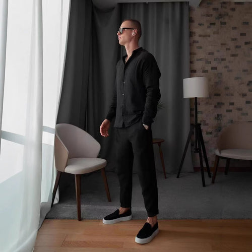 Herren elegantes Langarmhemd mit strukturiertem Gewebe und Knopfleiste Echoarchiv