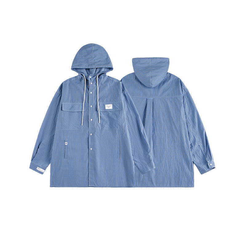 Unisex Kapuzen-Overshirt im karierten Longline-Schnitt mit Pattentaschen und Druckknopfleiste Echoarchiv