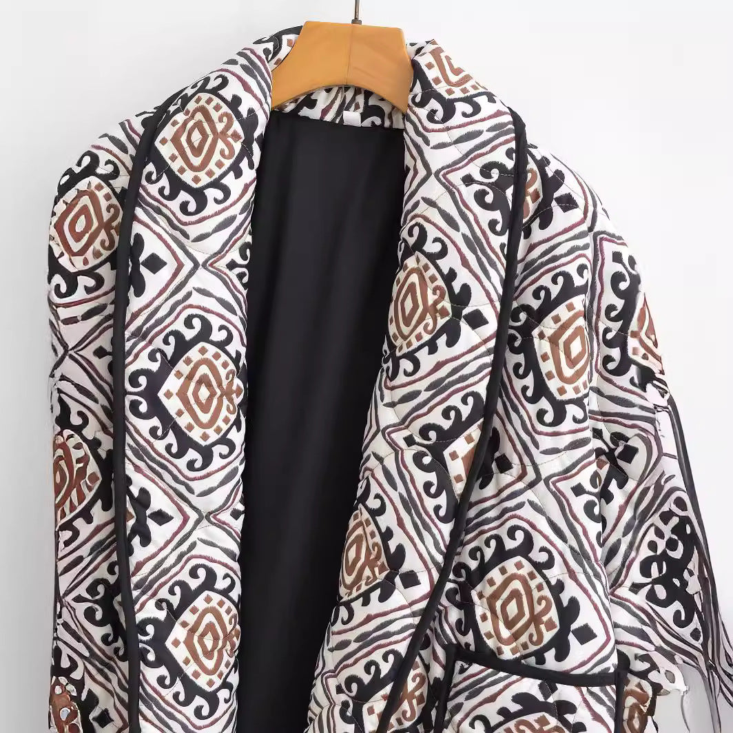 Damen Stepp-Kimono-Jacke mit Taillengürtel und Ethno-Muster