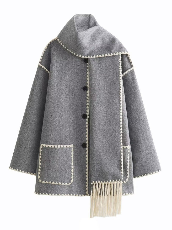 Damen Cape-Mantel mit angesetztem Fransen-Schal und Zier-Zickzacknaht Echo Archiv