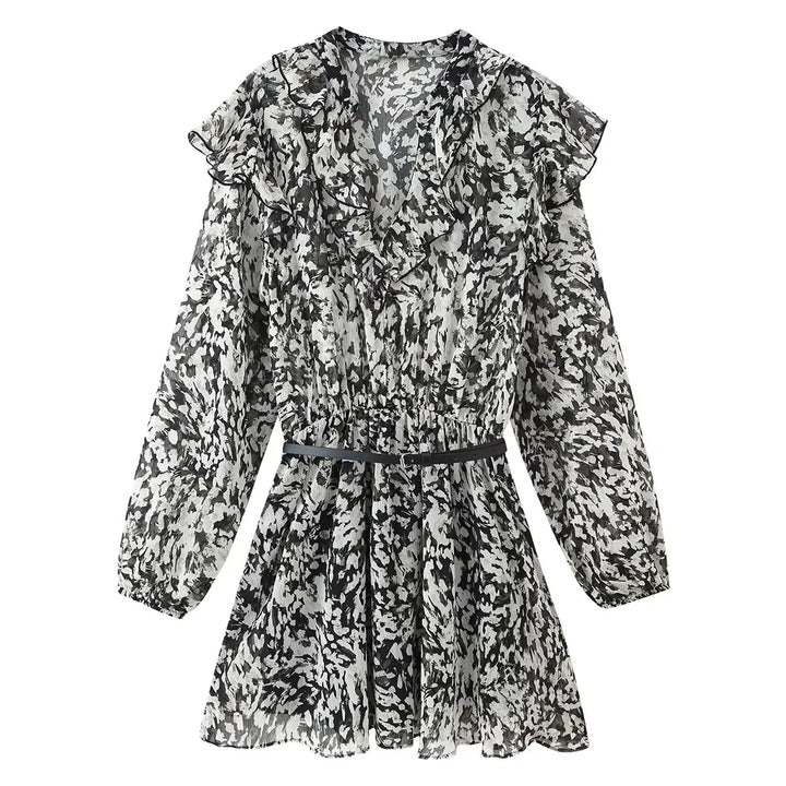Damen geblümtes Volant-Chiffon-Minikleid mit Rüschen-V-Ausschnitt elastischer Taillenpartie und zartem Gürtel – Élara