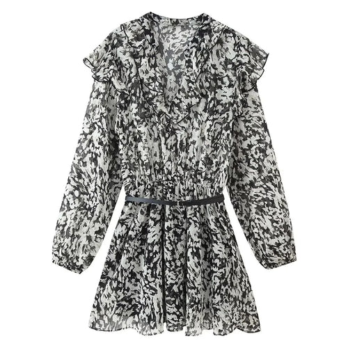 Damen geblümtes Volant-Chiffon-Minikleid mit Rüschen-V-Ausschnitt elastischer Taillenpartie und zartem Gürtel – Élara