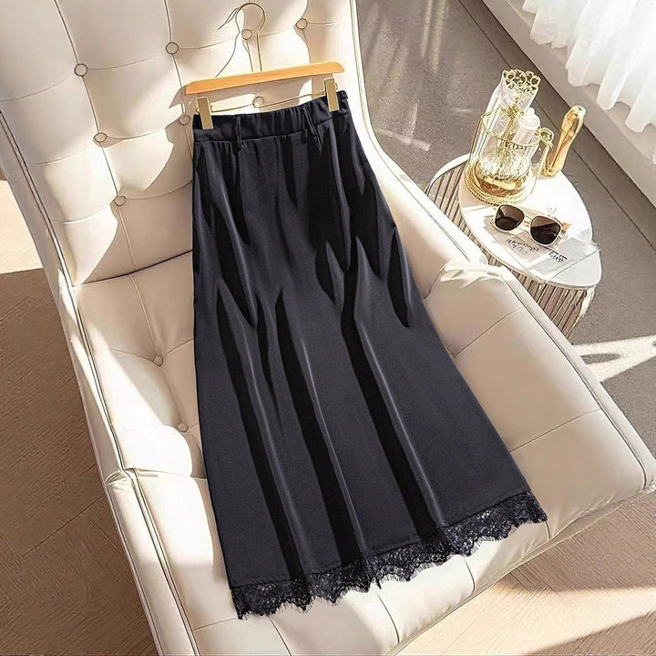 Damen Midirock mit Plisseefalten, hoher Taille, Taillengürtel und Spitzenbesatz – Avérine