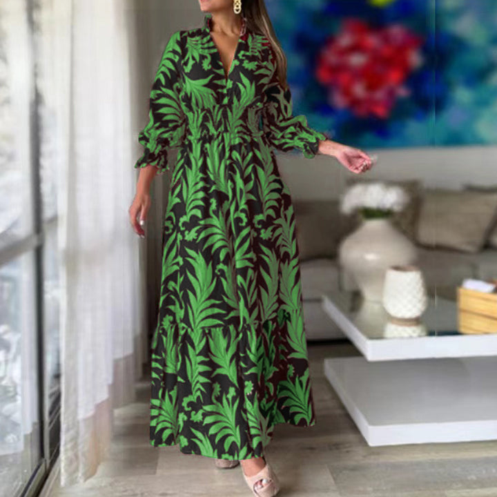 Damen Langes Maxikleid mit V-Ausschnitt, elastischem Smokbund, Stufenrock und Ballonärmeln Echoarchiv