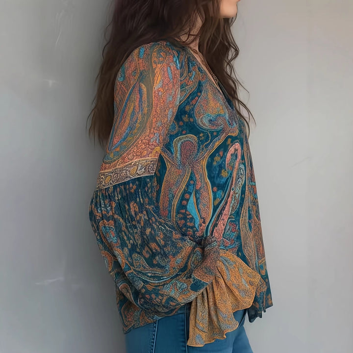 Damen Boho-Chic Bluse mit geflammten Ärmeln und V-Ausschnitt Echo Archiv