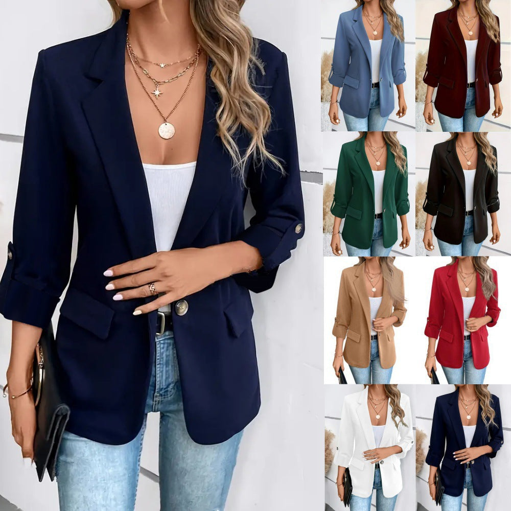 Damen nan taillierter Business-Blazer mit verkürzten Ärmeln umgeschlagenen Manschetten und dekorativen Knöpfen Echo Archiv