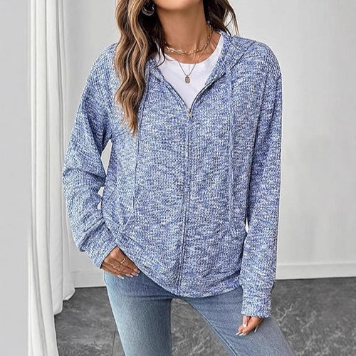 Damen Leichter Strick-Kapuzencardigan mit durchgehendem Reißverschluss und Eingrifftaschen – Veloura