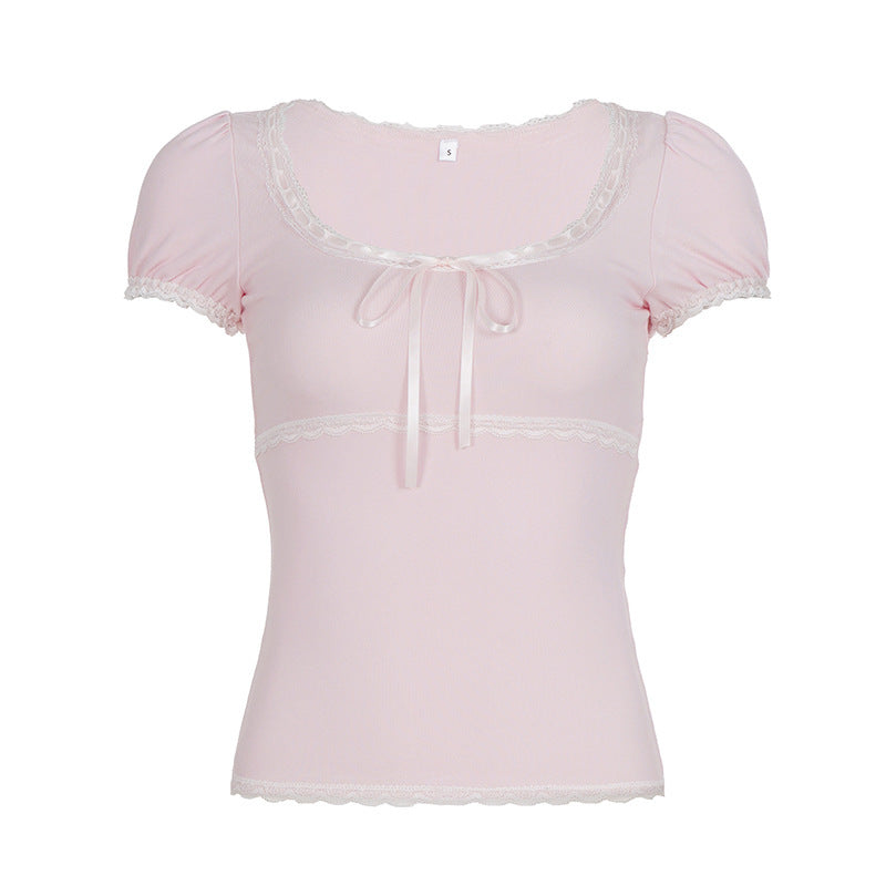 Damen Kurzarm Top mit Rüschendetails und verspieltem Kordelzug Echo Archiv
