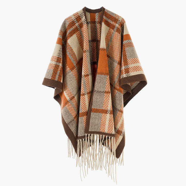 Damen Oversize-Wollmix-Poncho mit Karomuster und Fransensaum Echo Archiv