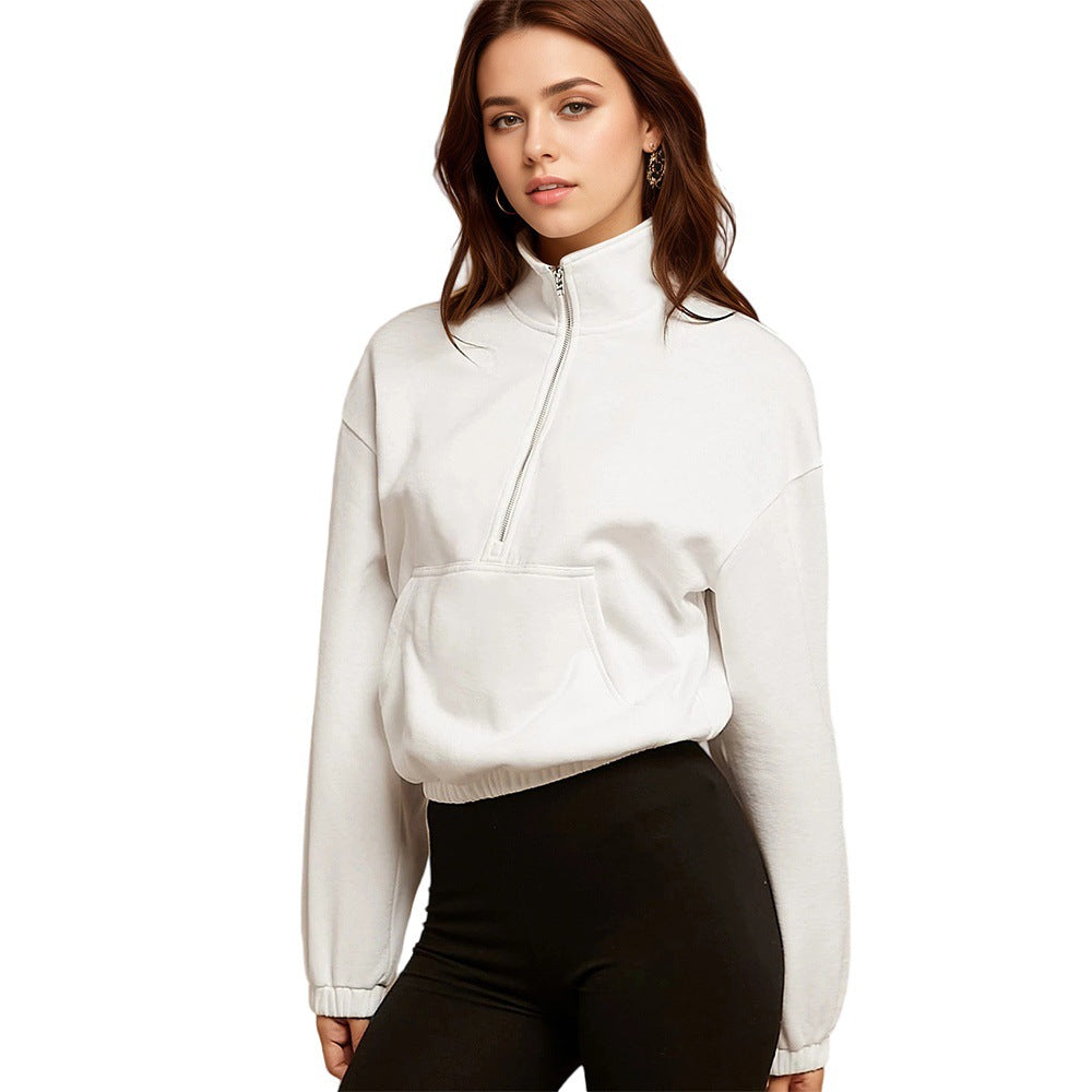 Damen halbzip Cropped Sweatshirt mit hohem Stehkragen, Kängurutasche und elastischem Saum – Auréline