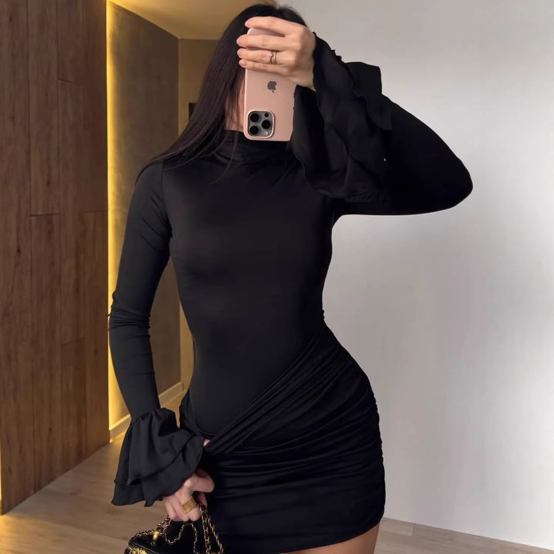 Damen Eng anliegendes Minikleid mit Rüschen-Volantärmeln und geraffter Wickeloptik Echoarchiv
