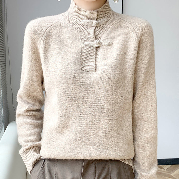 Damen Kaschmir‑Optik Mockneckpullover mit dekorativer KnEchoarchivelknopfblende Echoarchiv