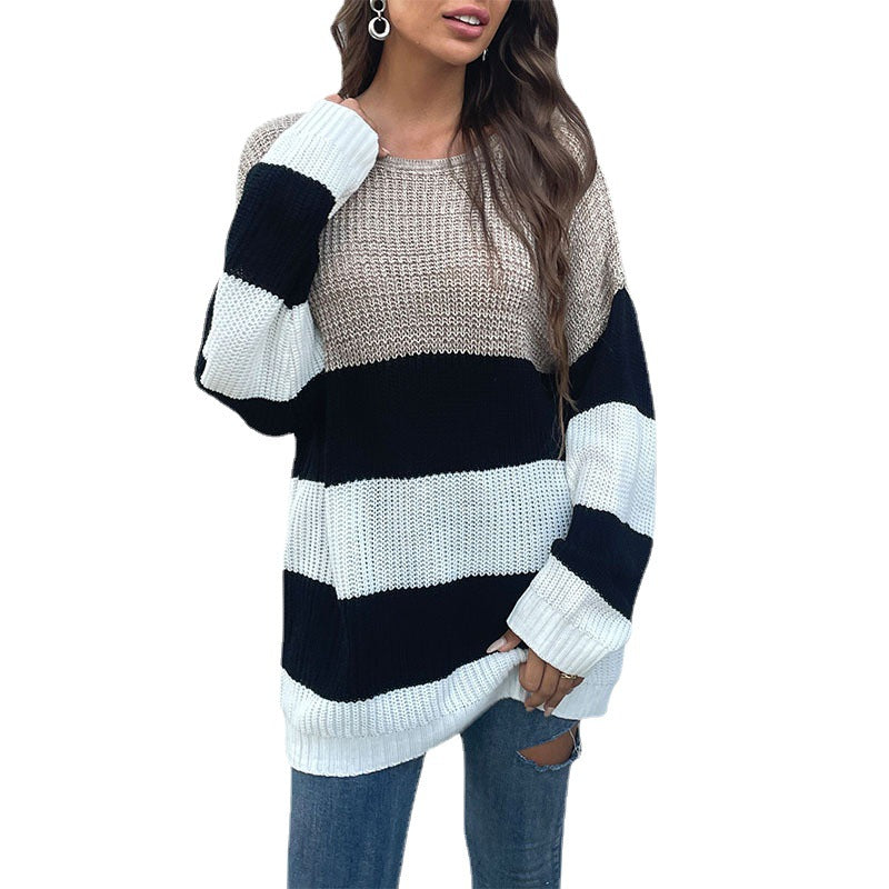 Damen Oversize-Blockstreifen-Pullover aus grobem Strick mit weitem Schnitt Echoarchiv