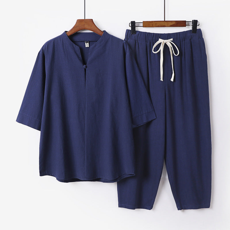 Damen Leichtes Leinen-Baumwoll-Loungewear-Set mit Stehkragen, Dreiviertelärmeln und Gummizugbundhose Echoarchiv