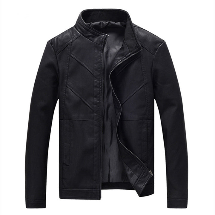 Herren schlanke Kunstleder-Motojacke mit Stehkragen, ergonomischer Nahtführung und leichter Thermofütterung Echoarchiv