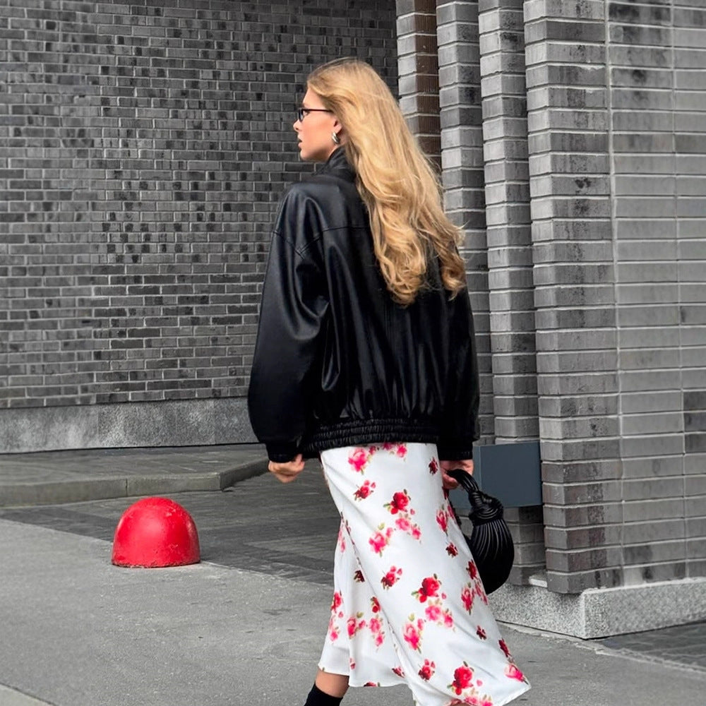 Damen Boxy-Lederimitat-Blouson mit Stehkragen und gerafften Bündchen Echoarchiv
