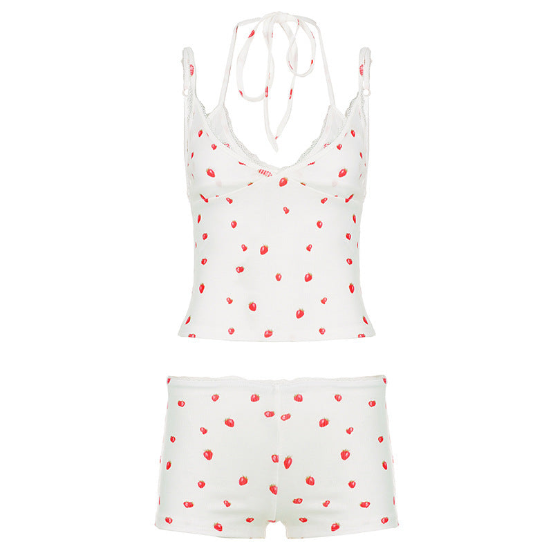 Damen Pyjama-Set mit verspieltem Früchte-Muster und Spaghetti-Trägern Echo Archiv