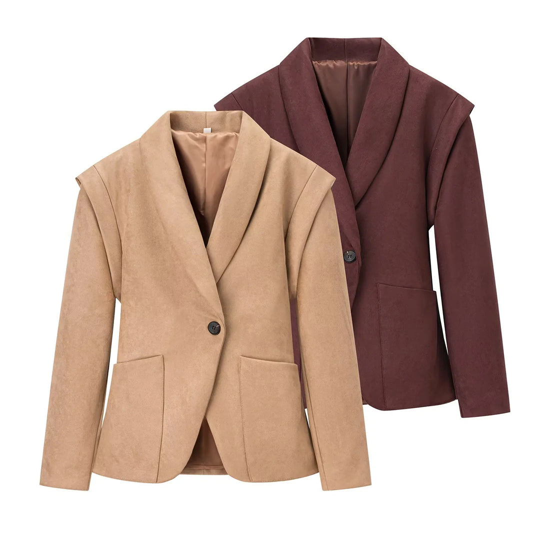 Damen nan eleganter Velours‑Optik Blazer mit tiefem Schalkragen Ein‑Knopf‑Verschluss und großen aufgesetzten Taschen Echo Archiv