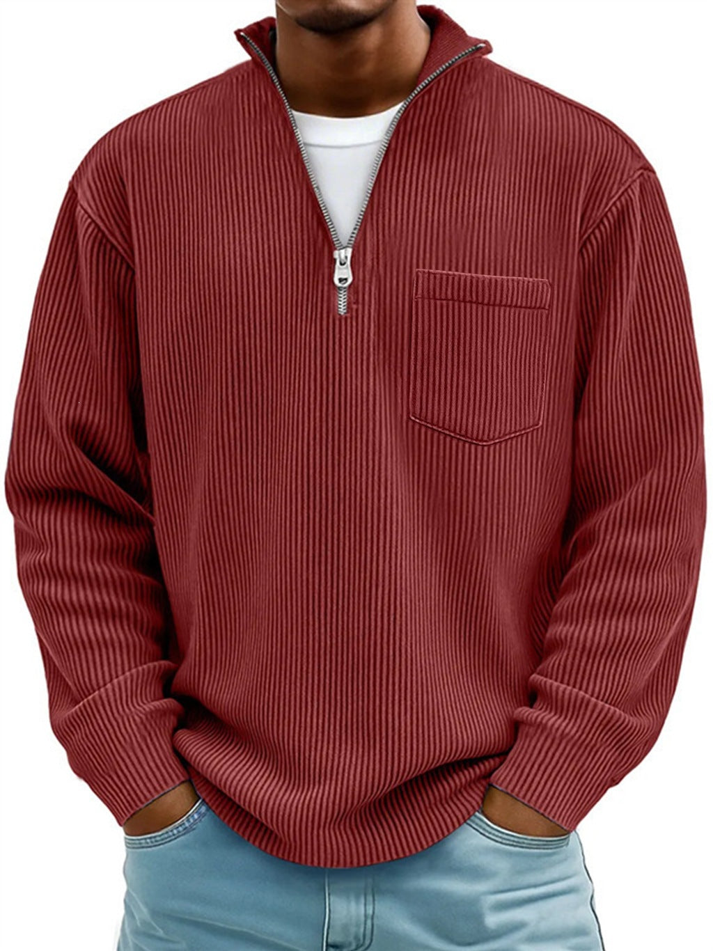 Herren Rippstrickpullover mit kurzem Reißverschluss und Brusttasche EB – Norvane