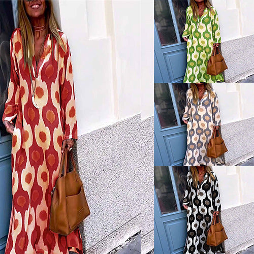 Damen Langes Boho-Maxikleid mit V-Ausschnitt, lockerem Schnitt und auffälligem Allover-Print – Valéora