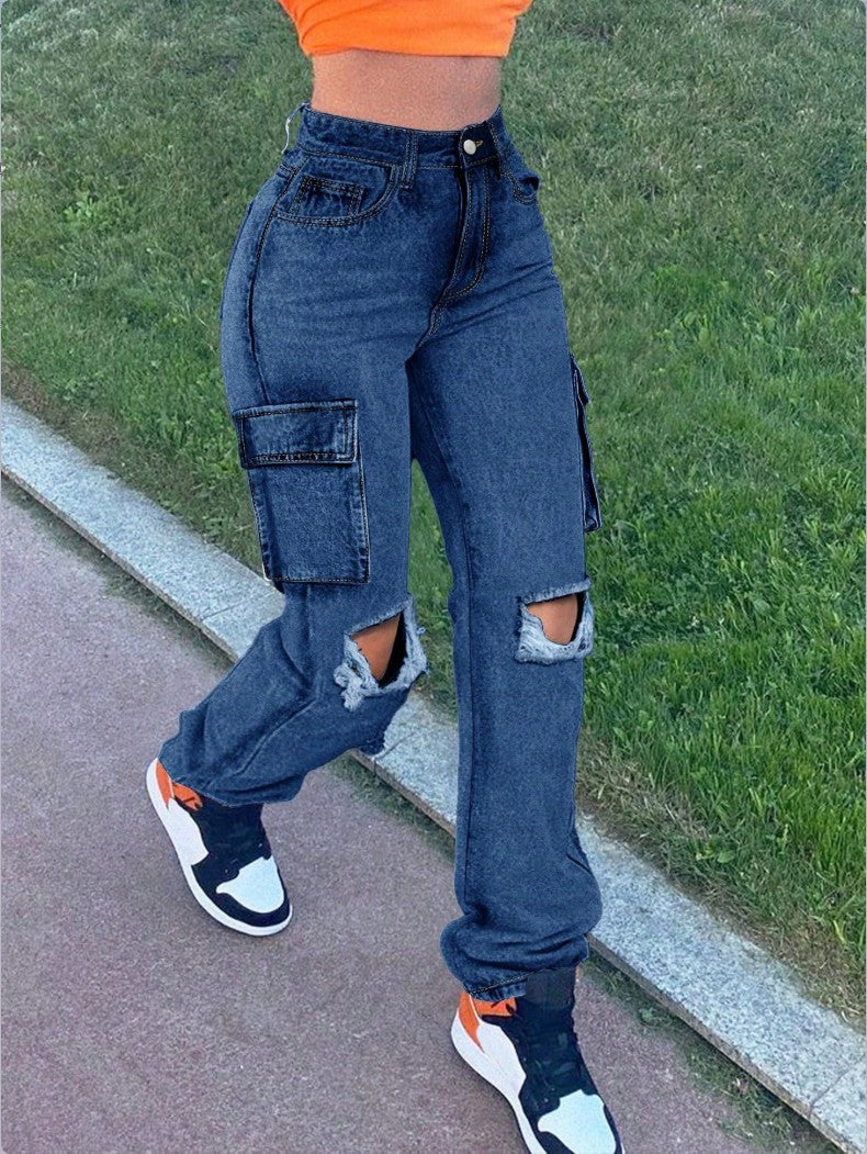 Damen High-Waist Cargo-Jeans mit geradem Bein, Knie-Rissen und seitlicher Klappentasche Echo Archiv