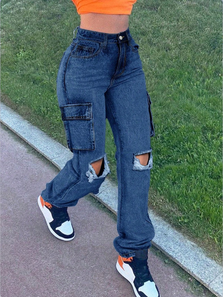 Damen High-Waist Cargo-Jeans mit geradem Bein, Knie-Rissen und seitlicher Klappentasche Echo Archiv