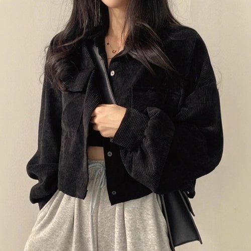 Damen Kurzgeschnittene Cordjacke mit Oversize-Ärmeln und Brusttaschen – Célinea