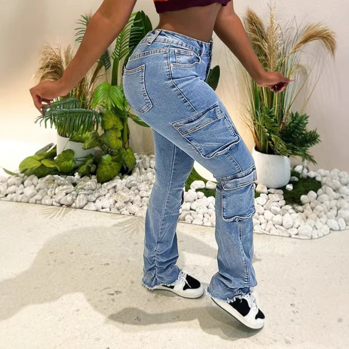 Damen Cargo-Denim-Jeans mit hoher Taille, Slim‑Fit-Hüfte und aufgesetzten Utility-Taschen Echo Archiv