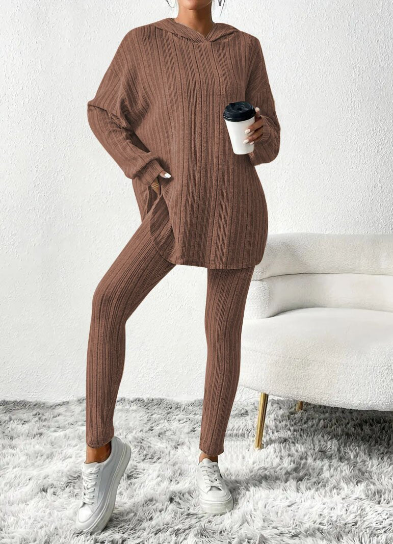 Damen Geripptes Feinstrick‑Loungewear‑Set mit Kapuzenpullover und hochtaillierten Leggings Echoarchiv
