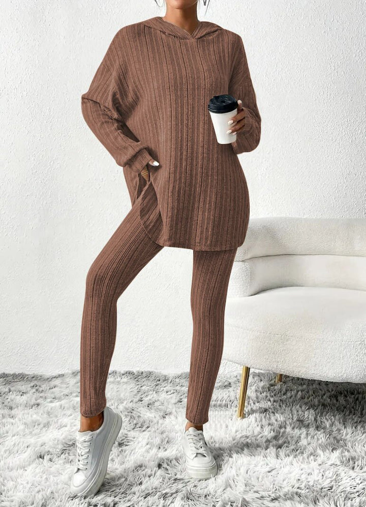 Damen Geripptes Feinstrick‑Loungewear‑Set mit Kapuzenpullover und hochtaillierten Leggings Echoarchiv